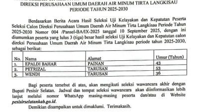 Tiga Kandidat Lolos Seleksi Direktur PDAM Tirta Langkisau, Penentuan Akhir di Tangan Bupati